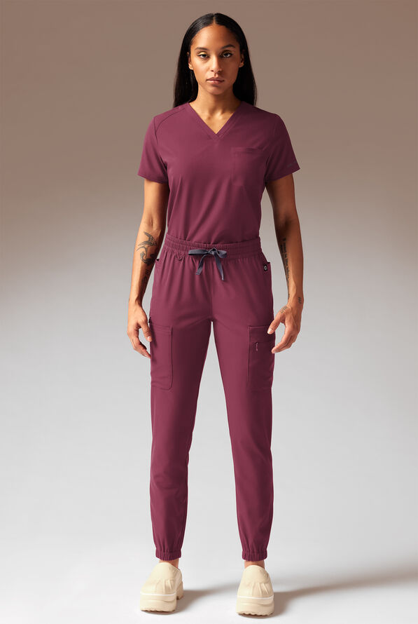 Hypothesis Meta-Base Women’s Single Pocket V-Neck Tuck In/Wear Out Scrub Top - Wine - 2
