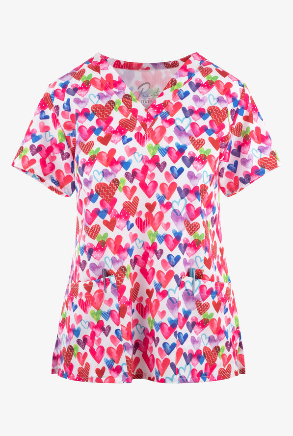 Maevn One Love Hearts Women's 3-Pocket STRETCH V-Neck Print Scrub Top - null - 1