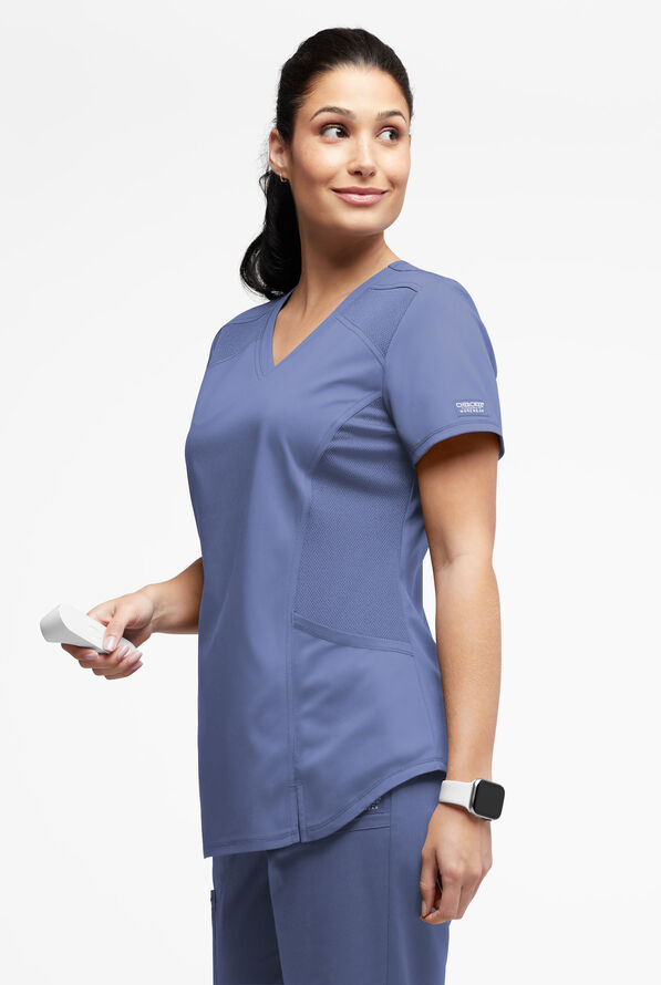 UA Exclusive Cherokee Workwear Revolution Women's 2-Pocket STRETCH Mesh Trim V-Neck Scrub Top - Ceil Blue - 2