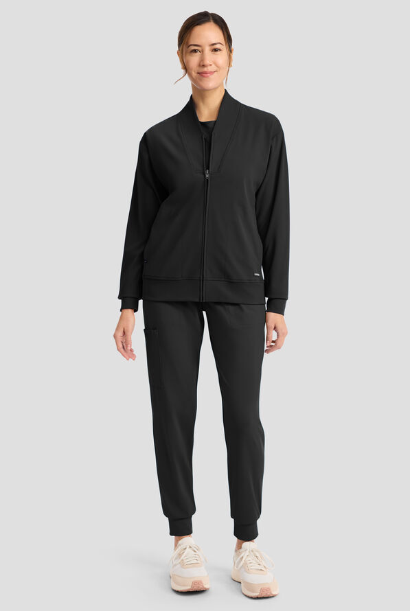 Cherokee Achieve Women's 2-Pocket STRETCH Zip Front Collar Knit Scrub Jacket - Black - 3