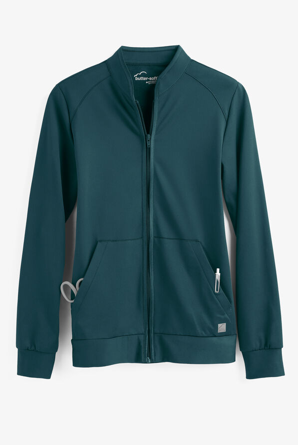 Butter-Soft STRETCH Women's 2-Pocket Technical Knit Zip Front Scrub Jacket - Caribbean Blue - 1