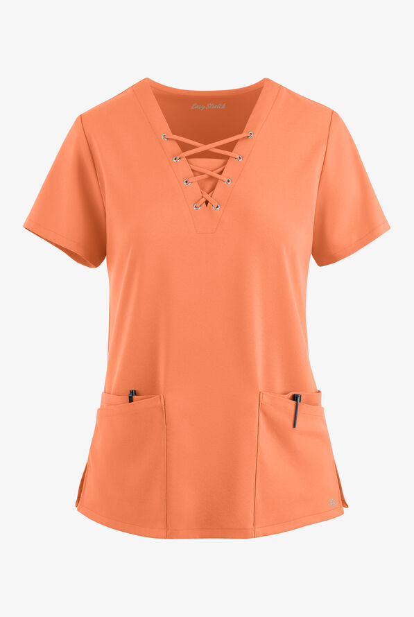 Easy STRETCH Gisele Women's 4-Pocket Lace Up V-Neck Scrub Top - Coral Haze - 1