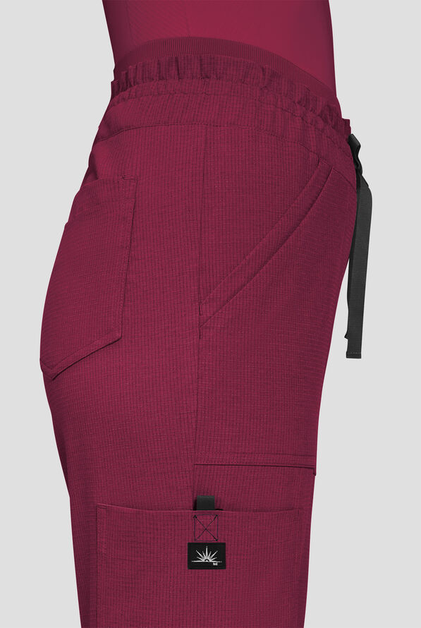 koi Solis Freda Women's 8-Pocket STRETCH Rib-Knit Double Waist Straight Leg Cargo Scrub Pant - Wine - 3
