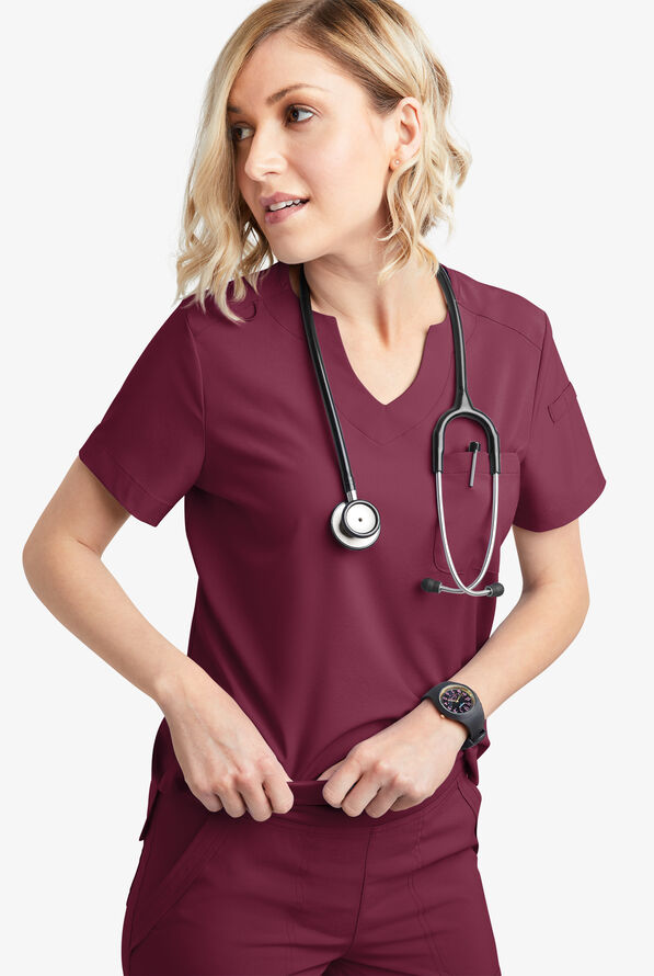 Easy STRETCH Nikki Women's 1-Pocket Scallop Neck Tuck-In Scrub Top - Wine - 6
