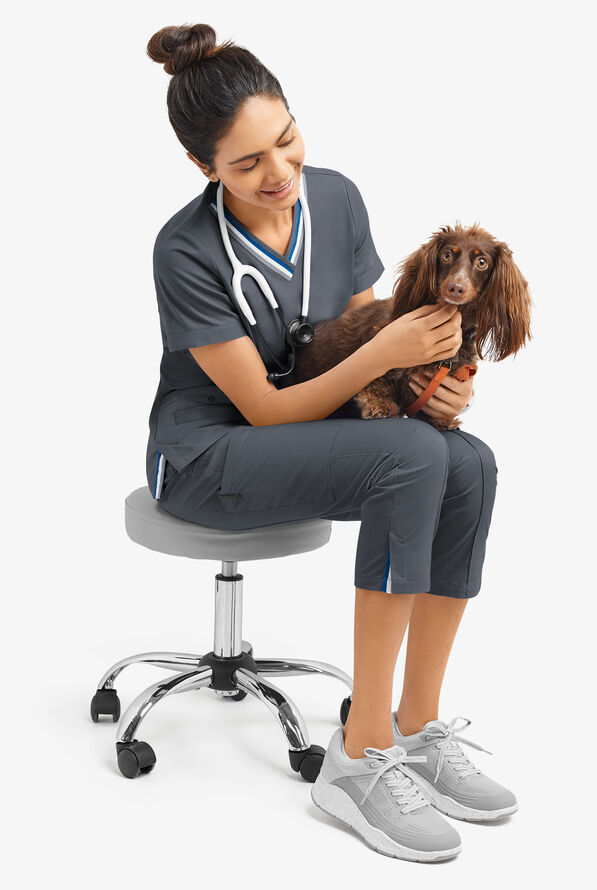 Butter-Soft STRETCH Women's 5-Pocket Short Sleeve V-Neck with Sport Trim Detail Scrub Top - Pewter - 8