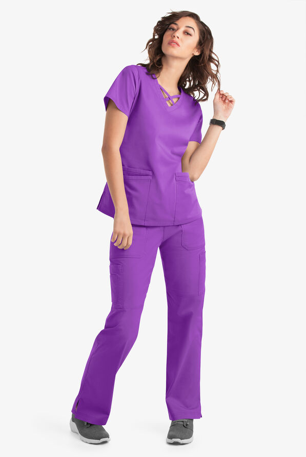 Blusa m&eacute;dica UA Butter-Soft STRETCH con lazos entrecruzados y 4 bolsillos para mujer - Wild Plum - 6