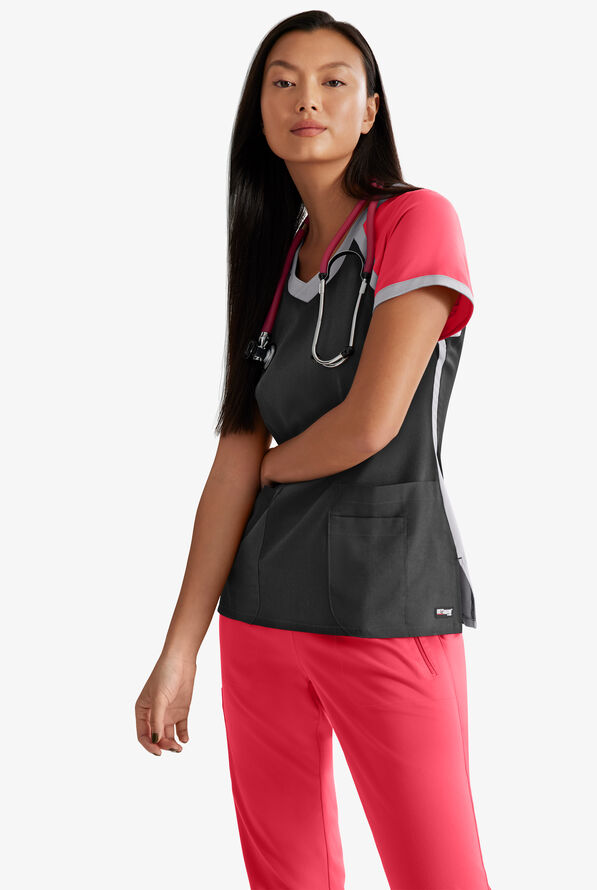 Grey's Anatomy™ by Barco Spandex STRETCH Women's 3-Pocket Color Block V-Neck Scrub Top - Black/Rose/Moonstruck - 2