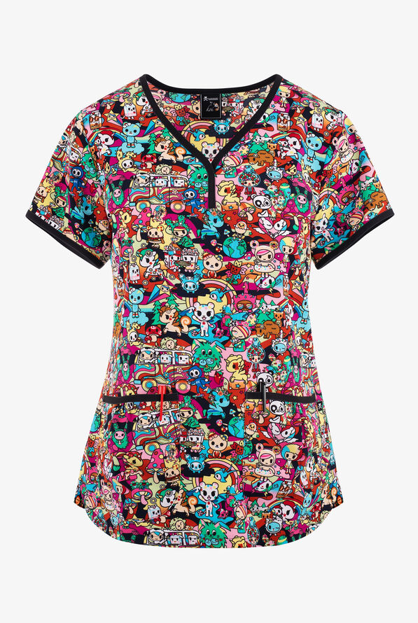 koi tokidoki Stay Groovy Women's 2-Pocket STRETCH Y-Neck Print Scrub Top - null - 1
