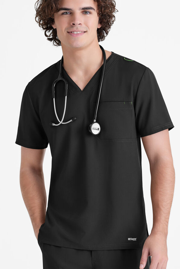Grey's Anatomy by Barco Evolve STRETCH Journey Men's 1-Pocket Tuck In V-Neck Scrub Top - Black - 2
