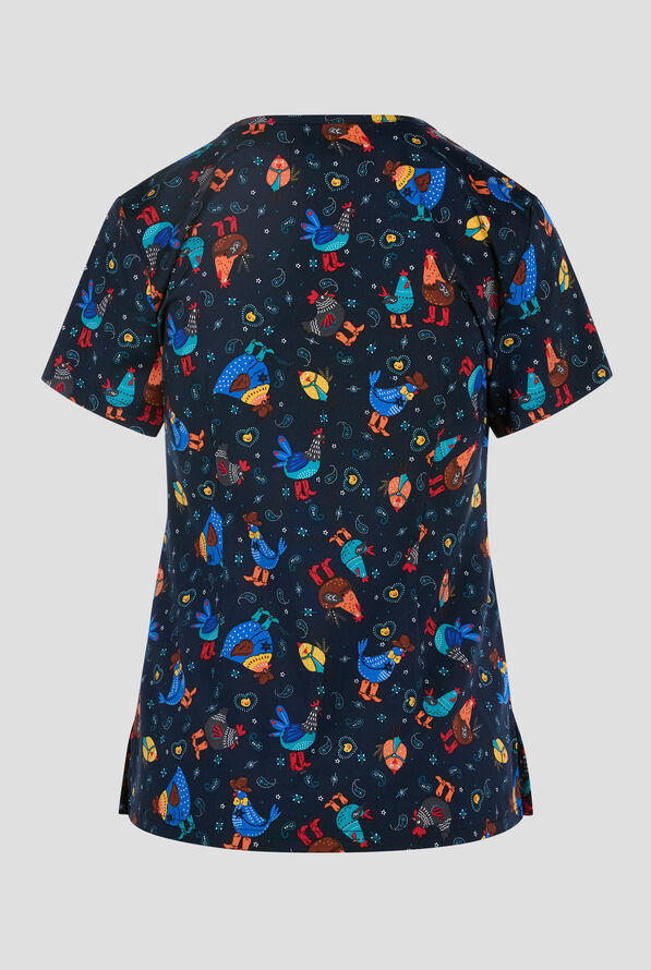 koi Basics Cowboy Chicken Women's 2-Pocket STRETCH V-Neck Print Scrub Top - null - 2