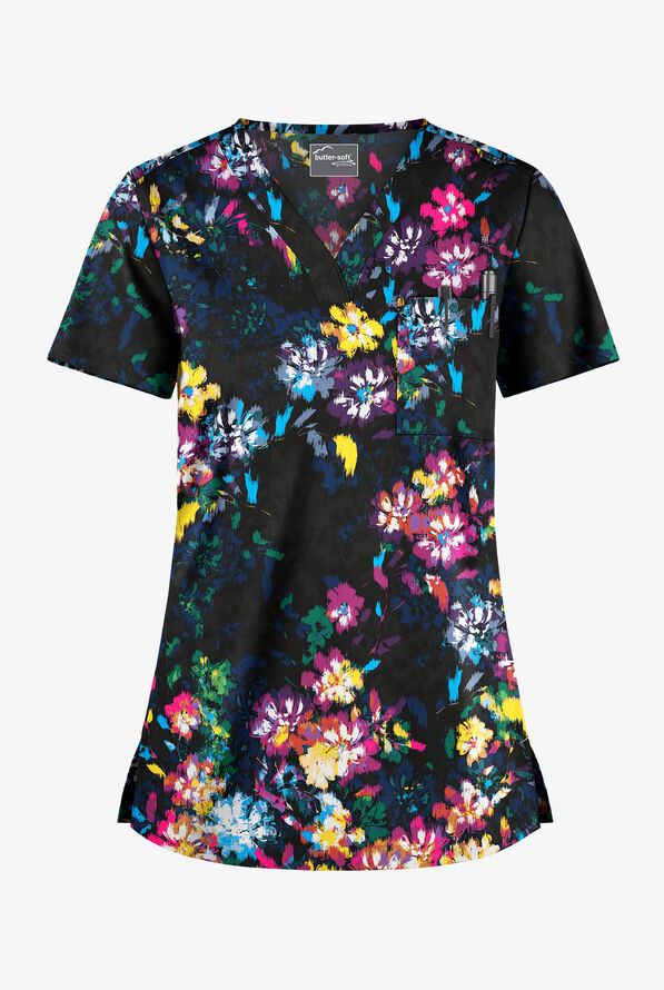 Butter-Soft STRETCH Renoir Floral Women's 1-Pocket Tuck-In V-Neck Print Scrub Top - null - 1