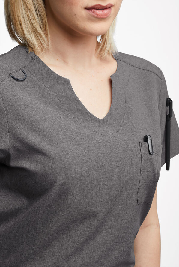 Easy STRETCH Nikki Women's 1-Pocket Scallop Neck Tuck-In Scrub Top - Graphite Heather - 3