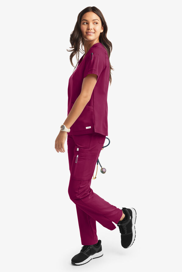 Butter-Soft Women's 6-Pocket V-Neck Scrub Top **Slightly IRREGULAR** - Wine - 6