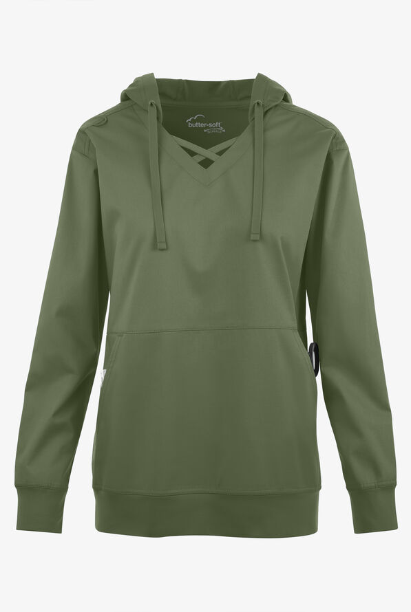 Sudadera m&eacute;dica UA Butter-soft STRETCH con capucha y 4 bolsillos para mujer - Light Olive - 1