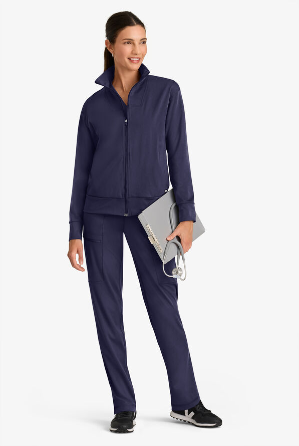 Grey's Anatomy by Barco Knit STRETCH Ease Warm Up Women's 4-Pocket Zip Front Scrub Jacket - Indigo - 3