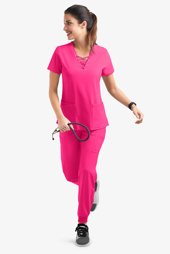 Easy STRETCH Gisele Women's 4-Pocket Lace Up V-Neck Scrub Top - Reactive Pink - 6