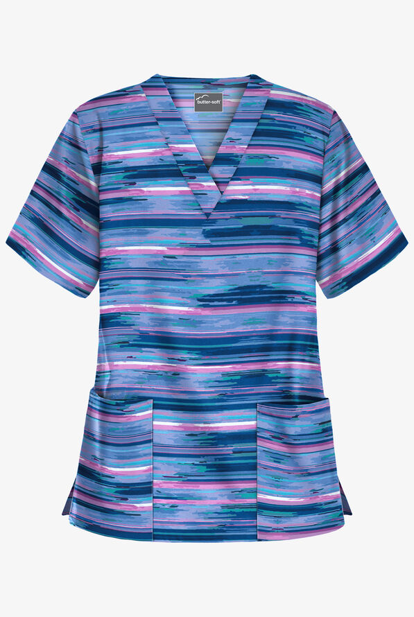 Butter-Soft Flourishing Stripes Navy Women's 2-Pocket V-Neck Print Scrub Top - null - 1