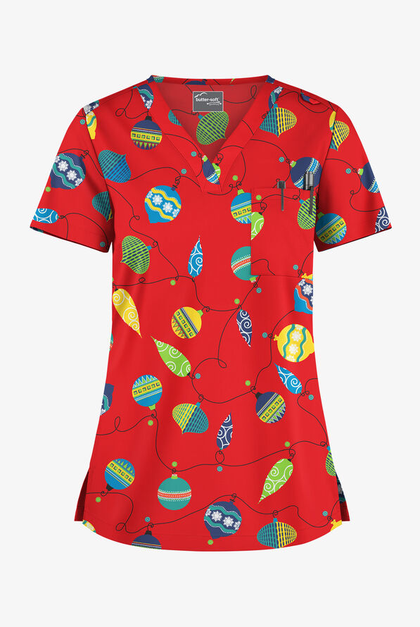 Butter-Soft STRETCH Bright Baubles Royal Women's 1-Pocket Tuck-In V-Neck Print Scrub Top - null - 1