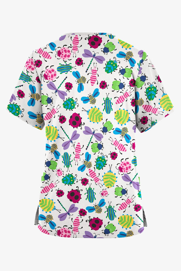 Butter-Soft Originals Happy Bugs Women's 2-Pocket V-Neck Print Scrub Top - null - 2