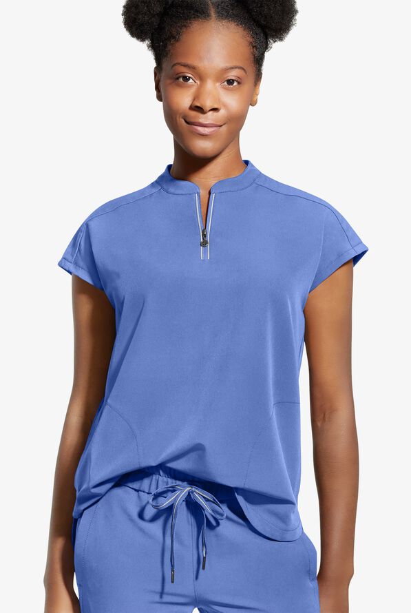 Healing Hands 360 Sandy Women's 2-Pocket STRETCH Dolman Sleeve Zip Mandarin Collar Scrub Top - Ceil Blue - 2