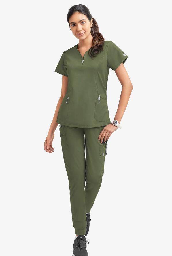 Butter-Soft STRETCH Women's 4-Pocket Curved Neck Zipper Scrub Top - Light Olive - 2