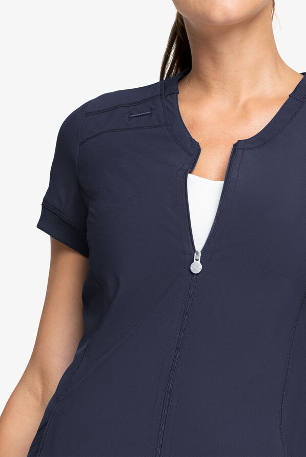 Cherokee Infinity Zip Front Round Neck Scrub Top, Antimicrobial Scrubs