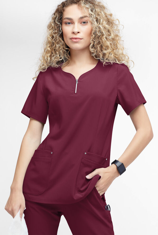 Blusa m&eacute;dica Easy STRETCH Arianna con cuello curvo y 4 bolsillos para mujer - Wine - 2