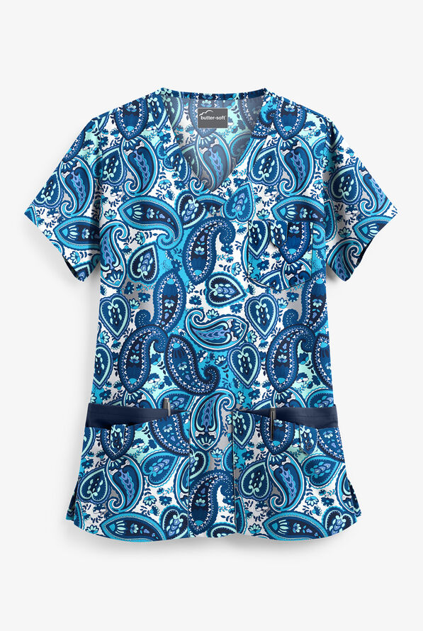 Butter-Soft Paisley Wonder Aqua Moon Women's 5-Pocket Rounded V-Neck Print Scrub Top - null - 1