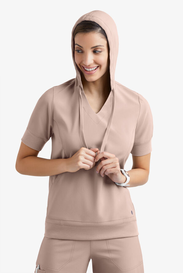 Easy STRETCH True Women's 3-Pocket Short Sleeve Pull-Over Scrub Hoodie - Mocha Meringue - 3