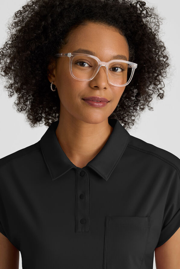 Grey's Anatomy by Barco Knit STRETCH Renew Women's 1-Pocket Dolman Sleeve Polo Scrub Top - Black - 3