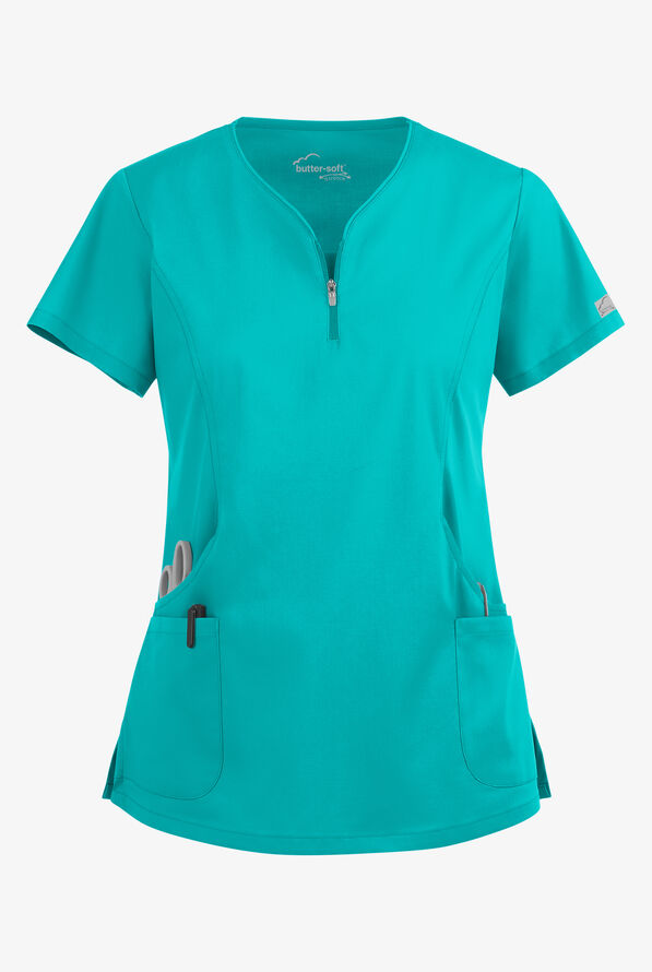 Blusa m&eacute;dica UA Butter-Soft STRETCH con cremallera en el cuello curvo y 4 bolsillos para mujer - Bright Teal - 1