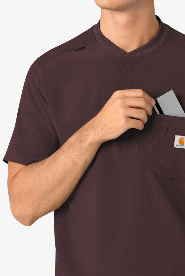 Carhartt Cross-Flex Men's 3-Pocket STRETCH Zip Pocket Henley Banded Collar Scrub Top - Dark Sepia - 3