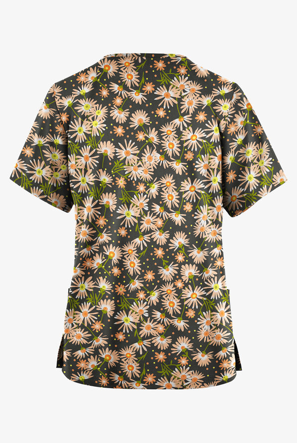 Butter-Soft Originals Daisy Breeze Pewter Women's 2-Pocket V-Neck Print Scrub Top - null - 2