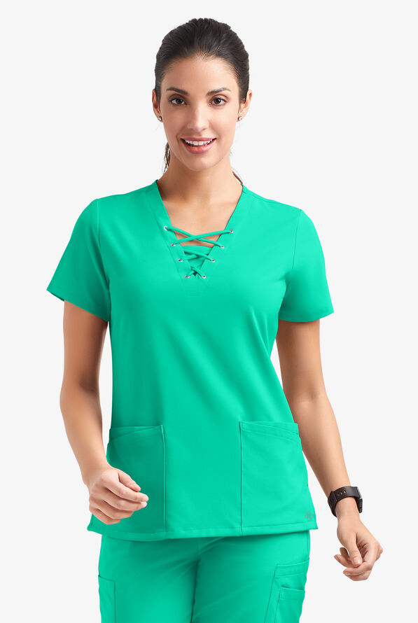Easy STRETCH Gisele Women's 4-Pocket Lace Up V-Neck Scrub Top - Dynasty Green - 2