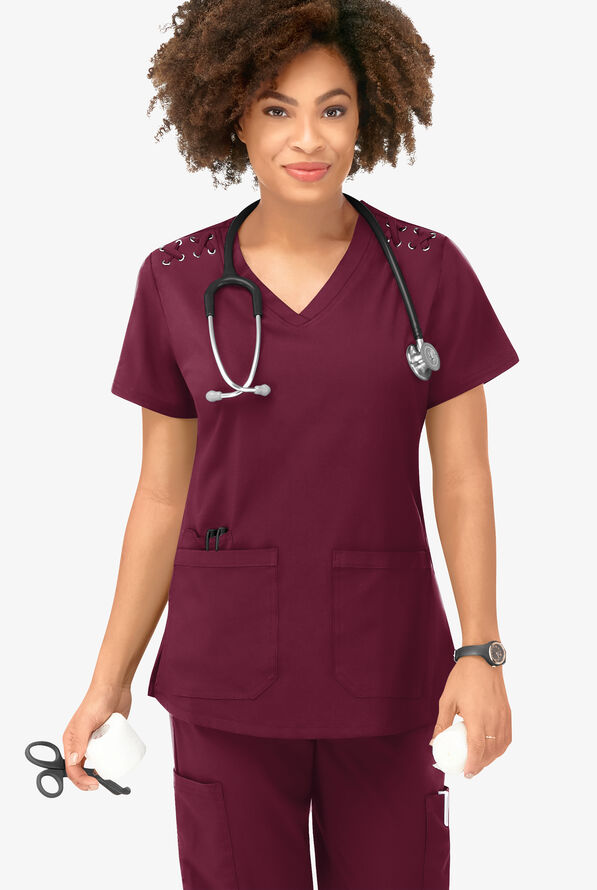 Blusa m&eacute;dica Easy STRETCH Leila con ojales con lazos y 3 bolsillos para mujer - Wine - 5