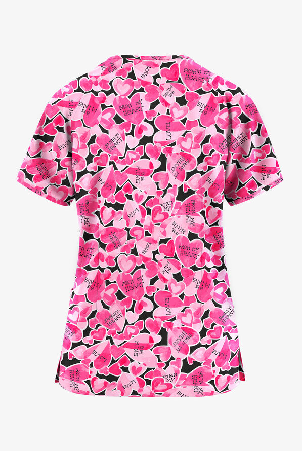 Butter-Soft Originals From My Heart Women's 3-Pocket Raglan Sleeve Mock Wrap Print Scrub Top - null - 2