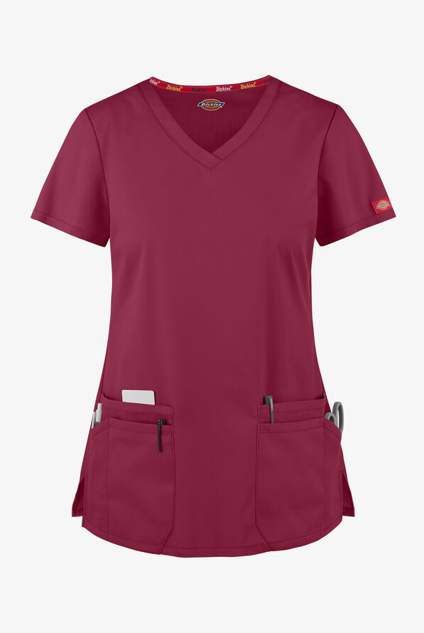 Dickies EDS Signature Women's 6-Pocket Contemporary Fit V-Neck Scrub Top - Wine - 1