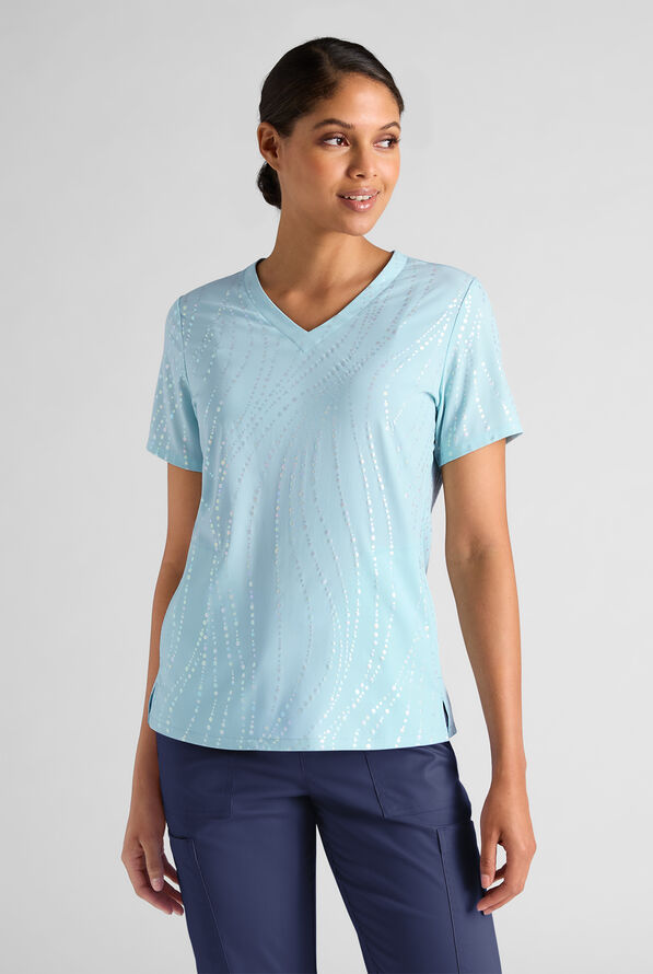 Butter-Soft STRETCH Rhythmic Waves Salt Blue Women's 2-Pocket  V-Neck Print Scrub Top - null - 2