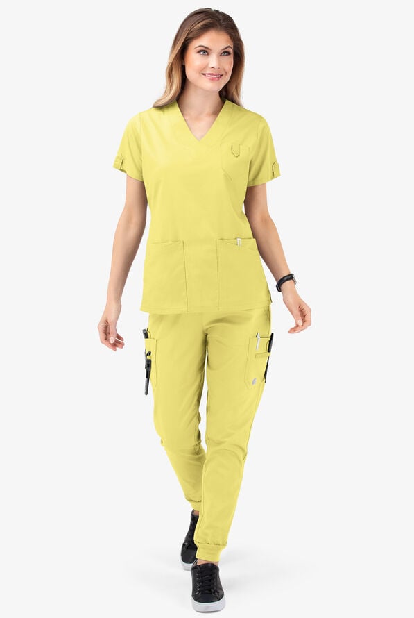 Butter-Soft STRETCH Women's 6-Pocket V-Neck Scrub Top - Lemon Sherbet - 2