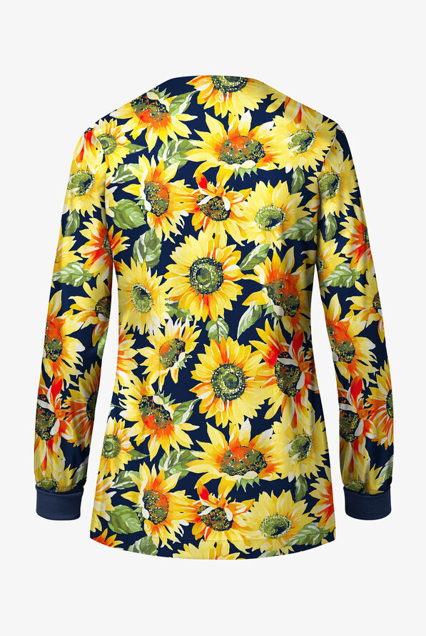 Butter-Soft STRETCH Tuscan Sunflowers Navy Women's 3-Pocket Snap Front Print Scrub Jacket - null - 2