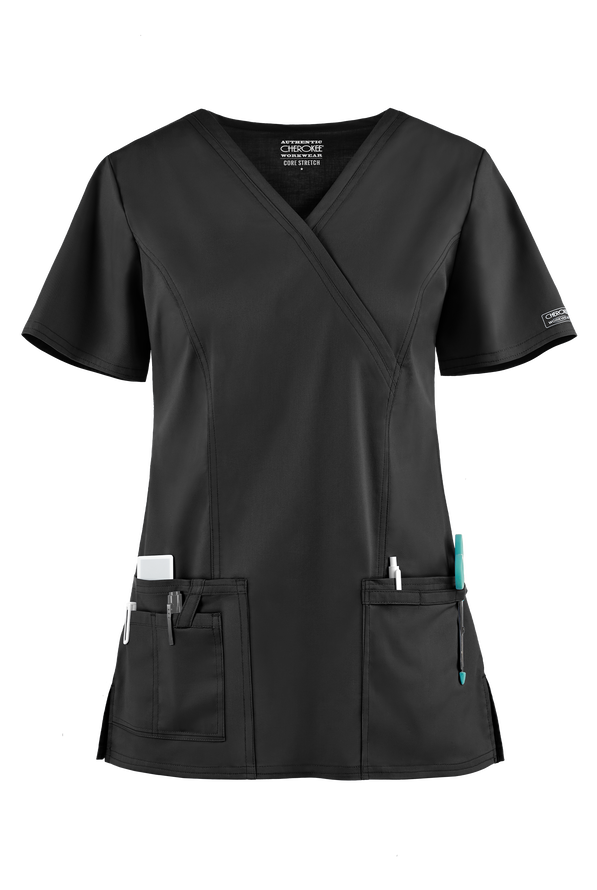 Cherokee Workwear Scrubs Core STRETCH Mock Wrap Top, Fashion Scrubs