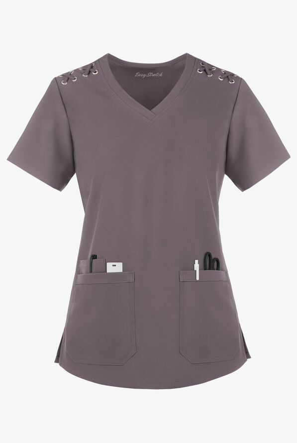 Blusa médica Easy STRETCH Leila con ojales y lazos para mujer - Grey Stone - 1