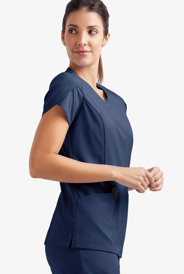 Easy STRETCH Daisy Women's 4-Pocket V-Neck Scrub Top with Petal Sleeves - Navy - 7