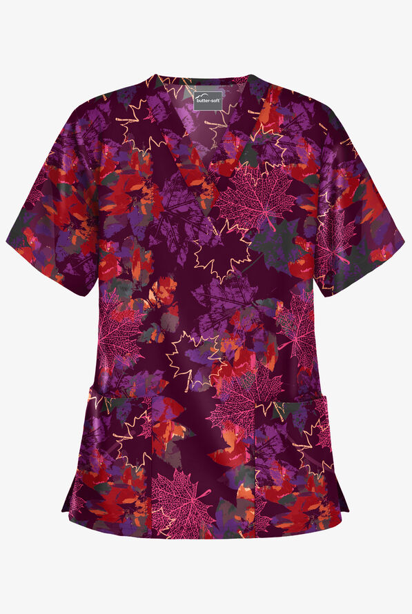 Butter-Soft Autumn Park Wine Women's 2-Pocket V-Neck Print Scrub Top - null - 1