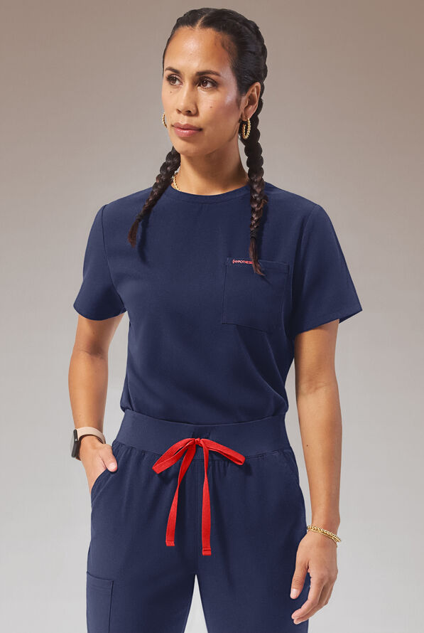 Hypothesis (RED) Base Women's 1-Pocket STRETCH Crew Neck Tuck-In Scrub Top - Navy - 1