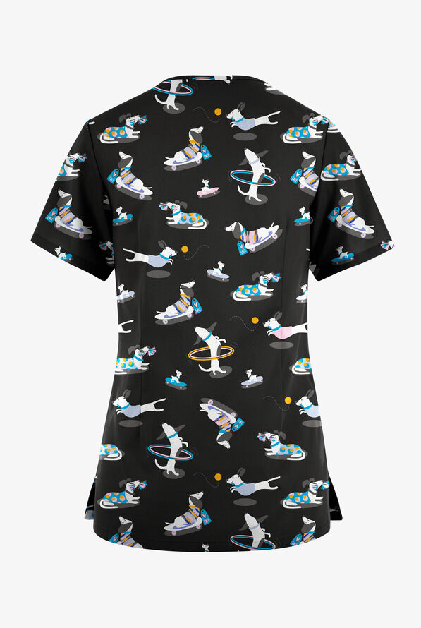 Butter-Soft Originals Playful Dachshunds Women's 7-Pocket Curved V-Neck Print Scrub Top - null - 2
