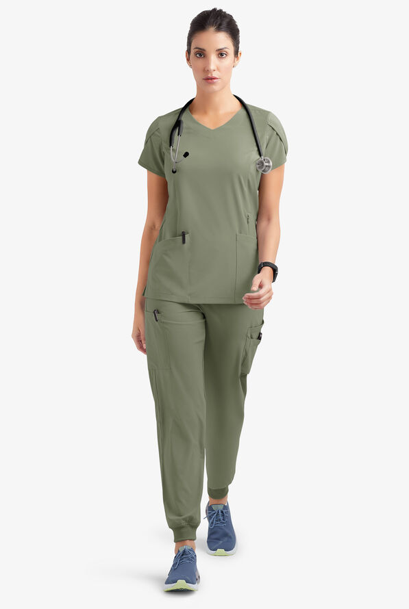 Blusa médica Easy STRETCH Daisy con cuello en V y 4 bolsillos para mujer - Olive Leaf - 2