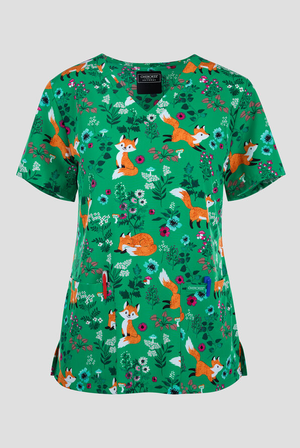 Blusa médica estampada Cherokee Wild Foxx STRETCH con cuello en V y 2 bolsillos para mujer - null - 1
