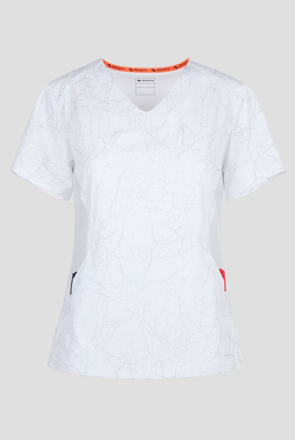 Infinity Crackle White Marble Women's 2-Pocket STRETCH Reflective V-Neck Print Scrub Top - null - 1