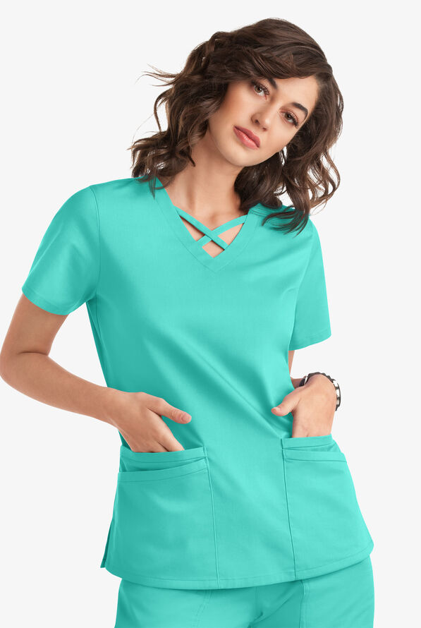 Butter-Soft STRETCH Women's 4-Pocket Crisscross Scrub Top - Aqua Dust - 5